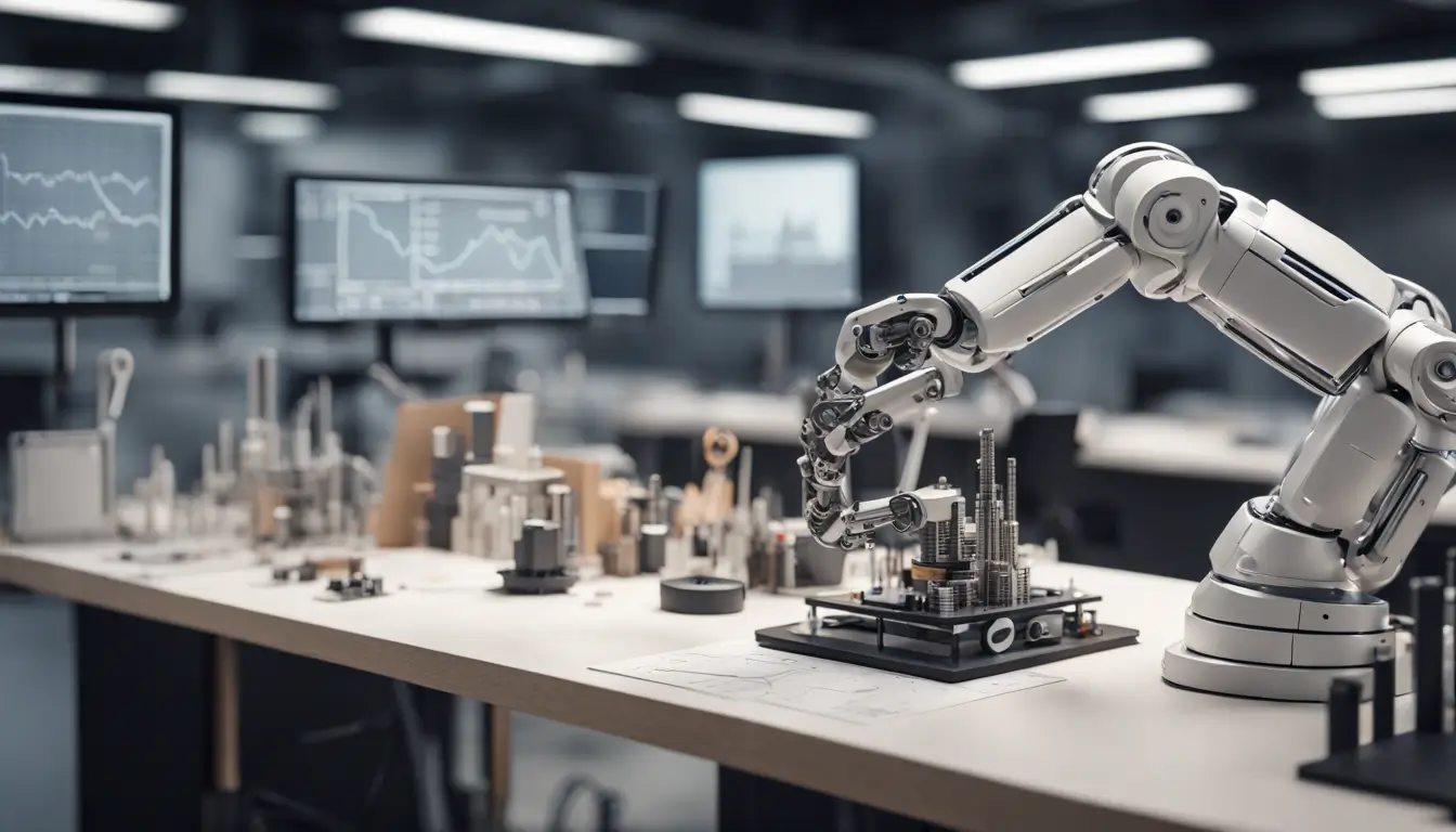 Braço robótico montando modelo de fábrica em um escritório moderno, simbolizando a automação nos negócios.