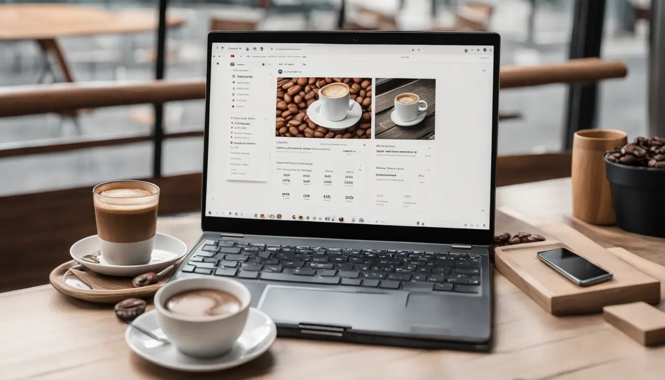 Laptop com Google Ads e smartphone com Google Planilhas mostrando dados de conversões, em uma mesa de madeira clara com xícara de café.
