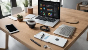 Imagem de um escritório moderno com dispositivos tecnológicos como laptop, tablet e smartphone utilizados para melhorar a gestão de projetos.