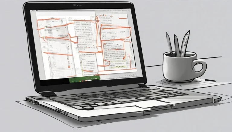 Mesa de trabalho organizada com laptop, bloco de notas, café, lousa com diagramas de aplicativo, planta em vaso e janela com céu ensolarado.