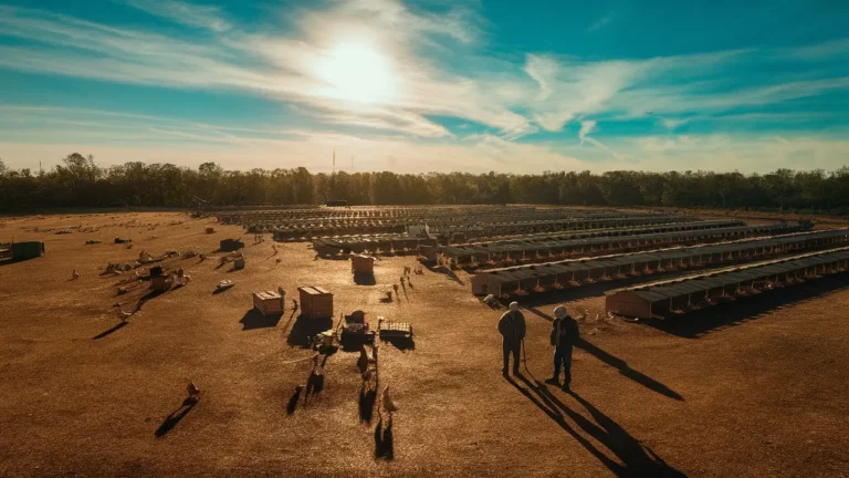 Visão aérea de uma grande granja com galpões de frango, equipamentos espalhados e alguns agricultores ao sol.