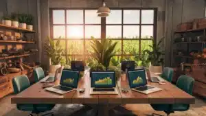 Laptops with financial graphs on a wooden table, surrounded by plants and agricultural tools in a modern office.