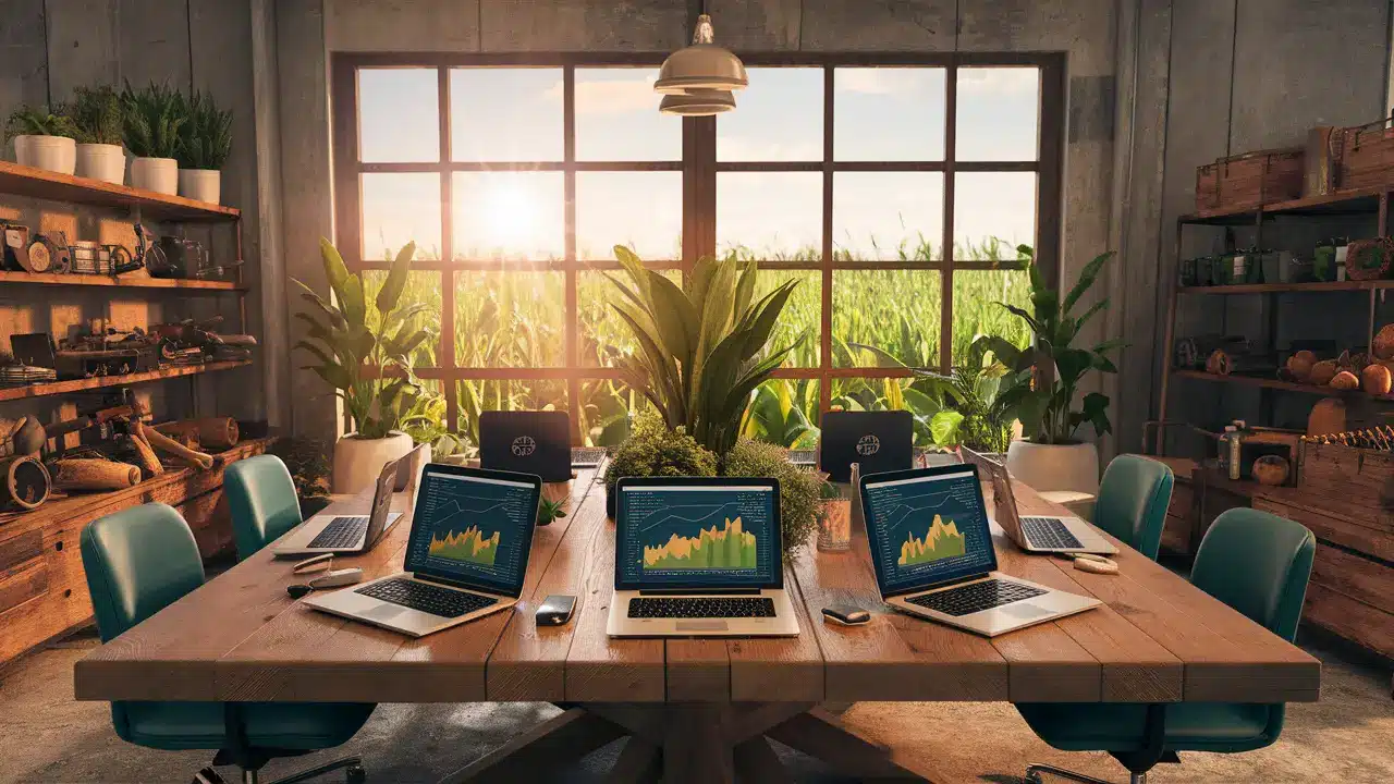 Laptops with financial graphs on a wooden table, surrounded by plants and agricultural tools in a modern office.