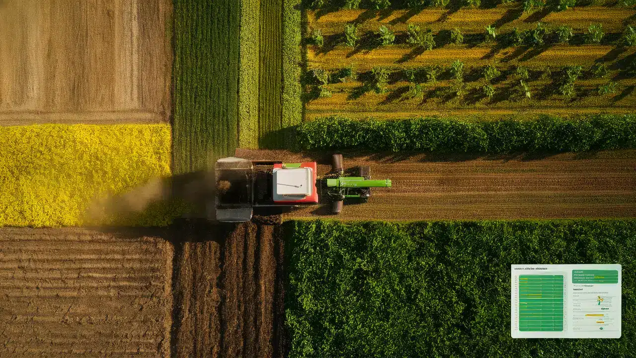 Vista aérea de uma pequena fazenda familiar com lavouras diversas e um trator arando o campo.