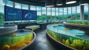 Sala de controle de piscicultura com painéis digitais grandes, gráficos de dados em tempo real e equipamentos de aquicultura.