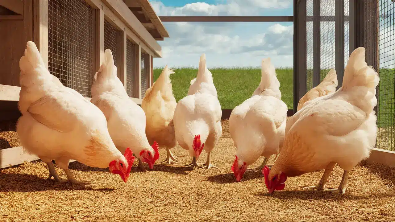 Galinhas brancas de tamanhos variados em um galinheiro organizado com capim verde ao fundo e céu azul claro.